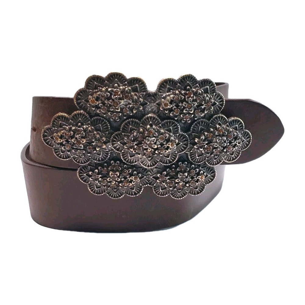 VTG Kenneth Cole New York Brown Leather Belt Large Statement Floral Buckle Sz S